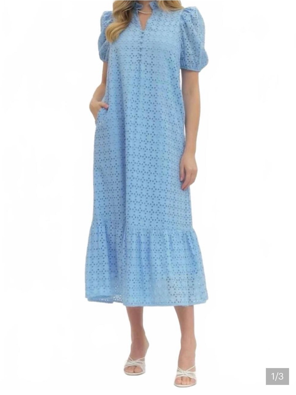 entro Light Blue Eyelet Maxi Dress with Puff Sleeves